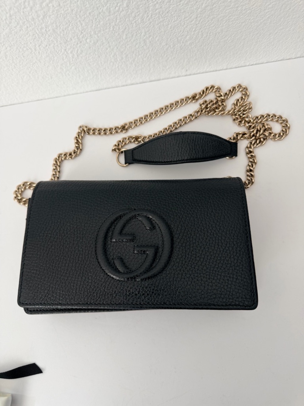 Gucci Soho Leather Chain Wallet Crossbody Black Gold Hardware